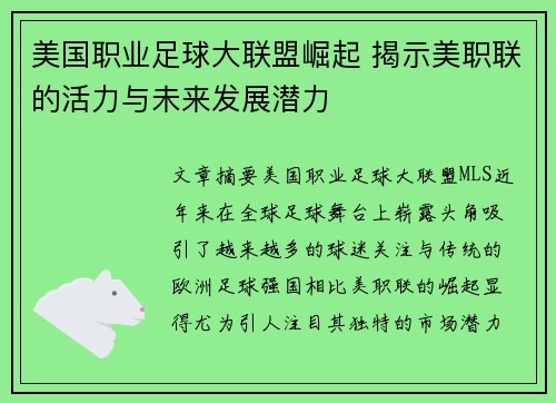 美国职业足球大联盟崛起 揭示美职联的活力与未来发展潜力