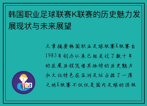 韩国职业足球联赛K联赛的历史魅力发展现状与未来展望