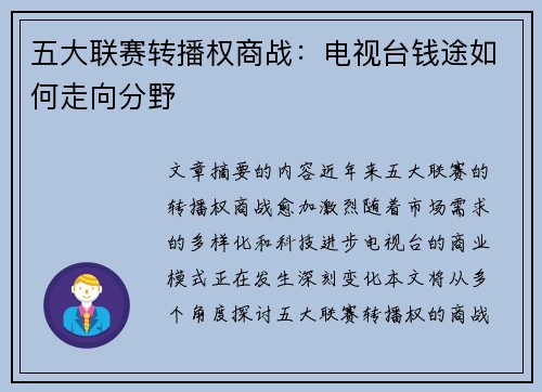 五大联赛转播权商战：电视台钱途如何走向分野